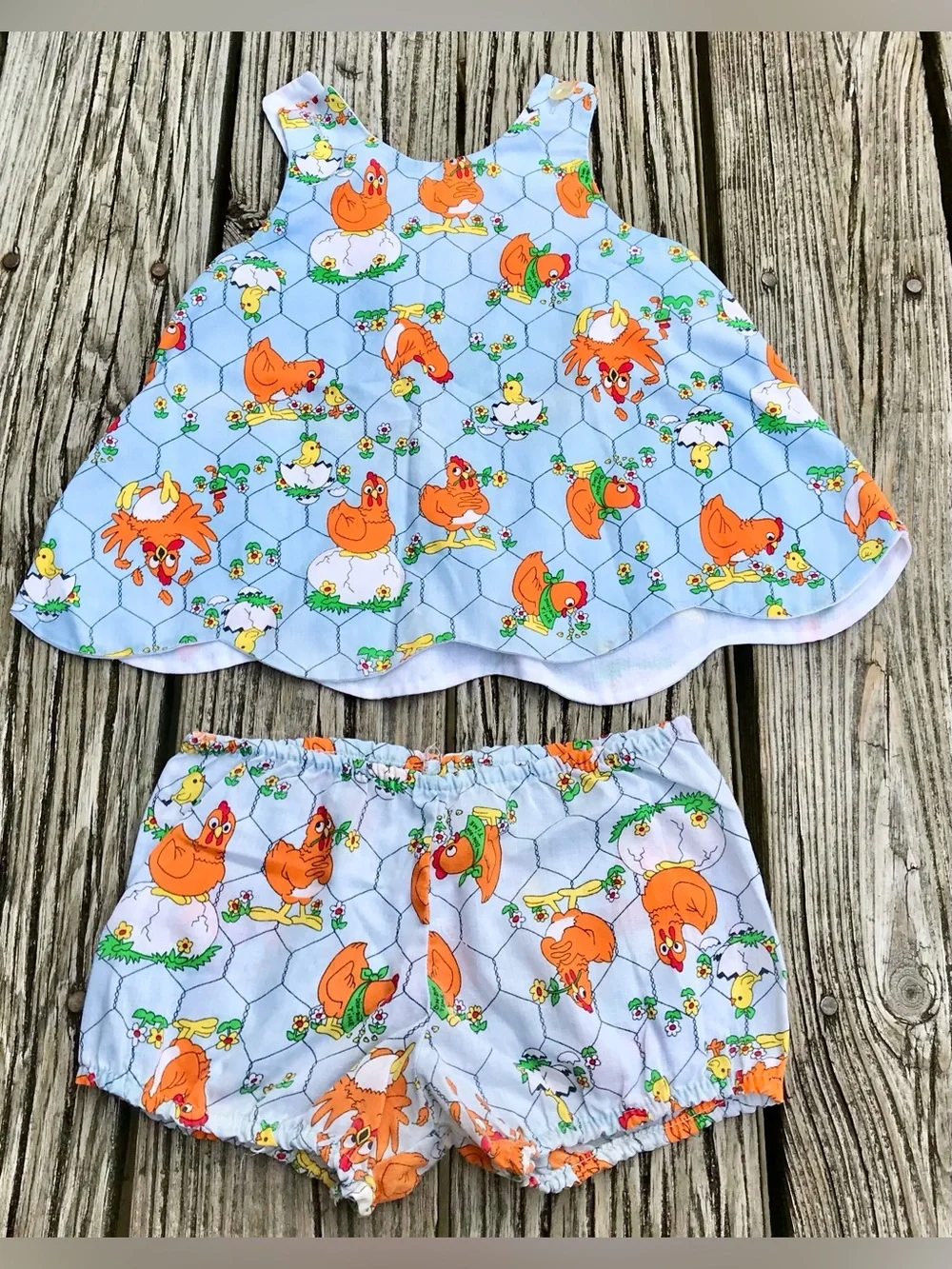 Vintage 80s Girls 2 Piece Matching Chicken Coop Outfit Swing Top Bloomers